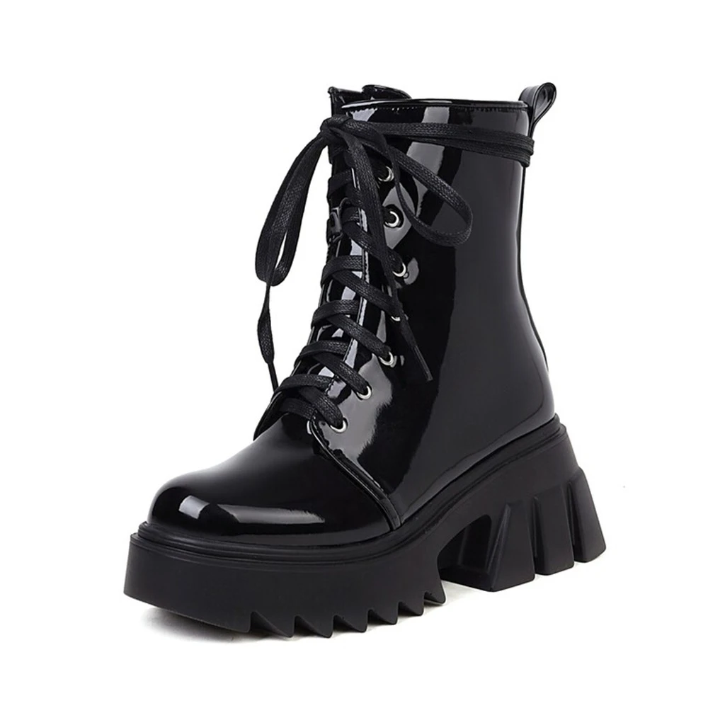 Women Patent Leather Platform Combat Boots Lace‑Up Thick Sole Ankle Fashion Boots 35‑44 2219