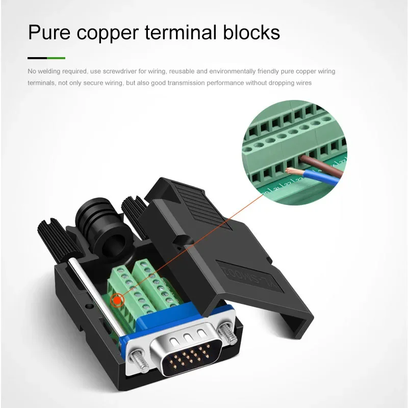 3+9 VGA Solderless Connector DB15 3+6 Locking Type 3 Row of 15 Pin Male Female Plug Computer Monitor Projector Breakout Terminal