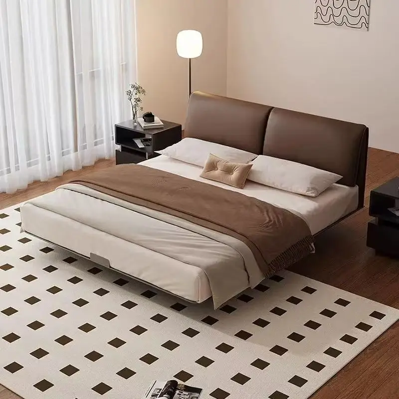 New carbon steel bed frame small apartment master bedroom modern simple leather flush suspension soft bag bedside