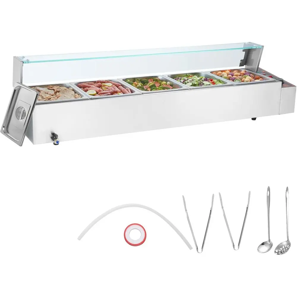 

5-Pan Commercial ood Warmer, 5 x 12QT Electric Steam Table with Glass Cover, 1700W Countertop StainlSteel Buet Bain Marie 86-185