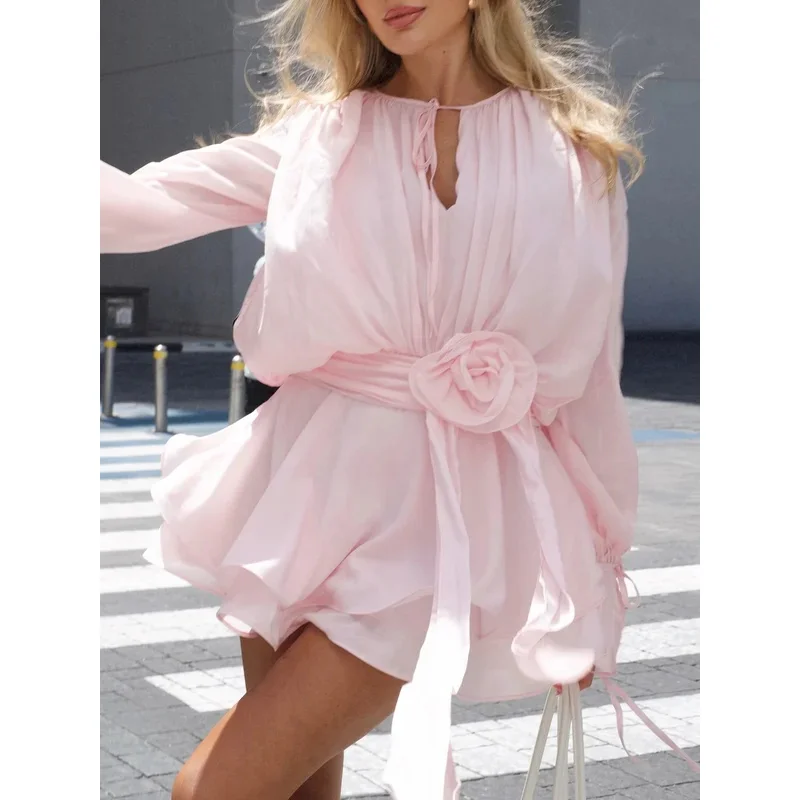 우아한 3D 꽃 프릴 미니 드레스 여성 플레어 긴 소매 레이스 업 핑크 a 라인 스커트 여름 패션 숙녀 드레스