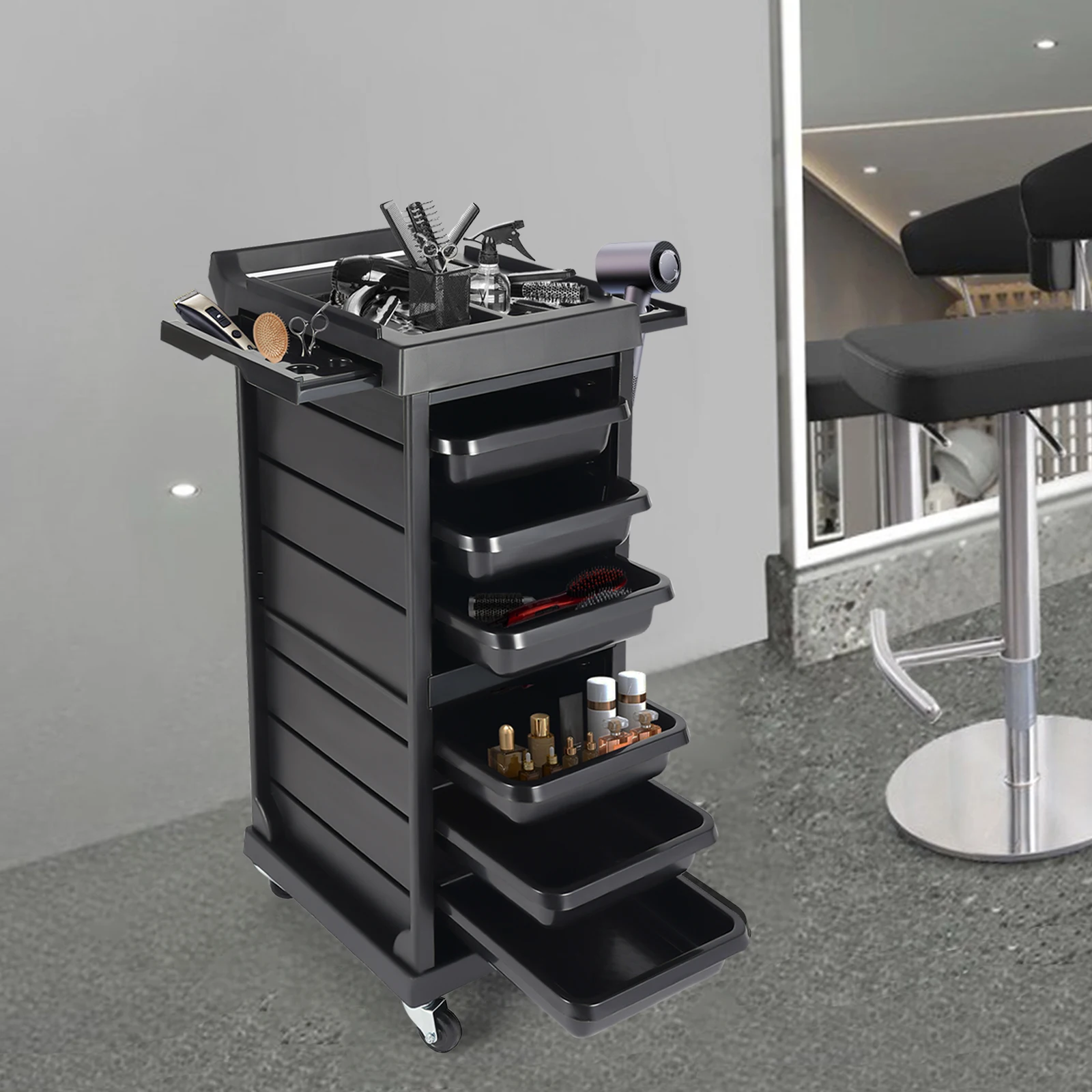 

7-Tier Barber Rolling Cart: Heavy-Duty PP/PVC Salon Trolley W/ Tool Organizer - 80cm Height, Floor Stand Mount