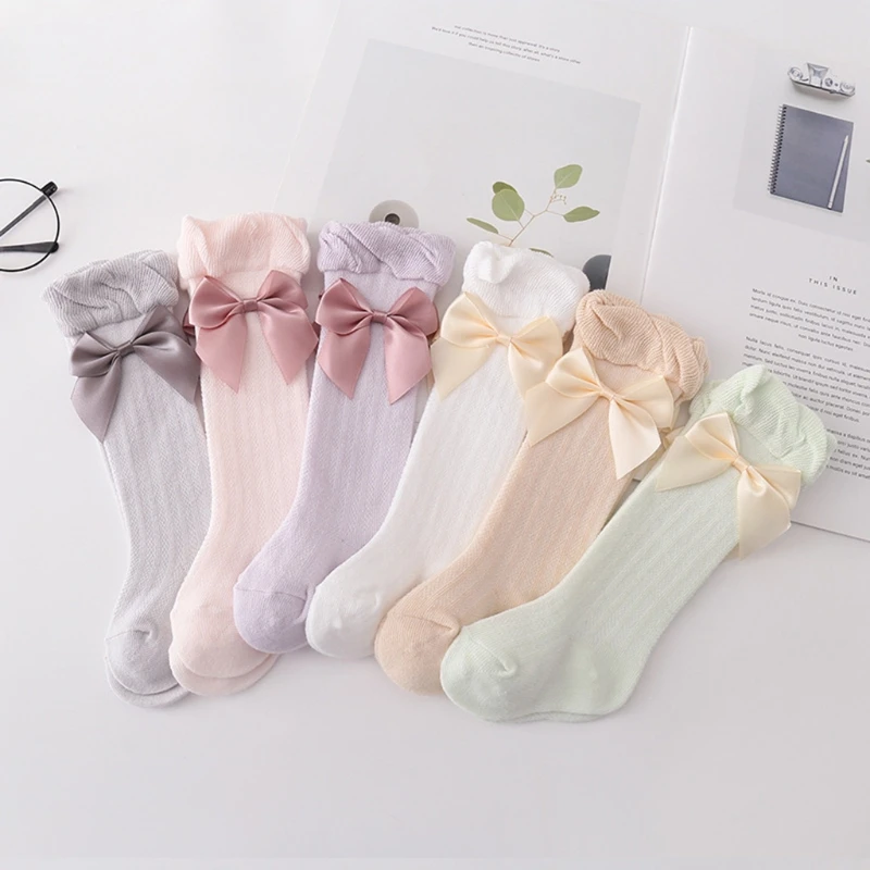 Newborn Baby Girls Summer Thin Mesh High Tube Socks Sweet Bow Solid Color Anti-Mosquito Cotton Over the Knee Stockings