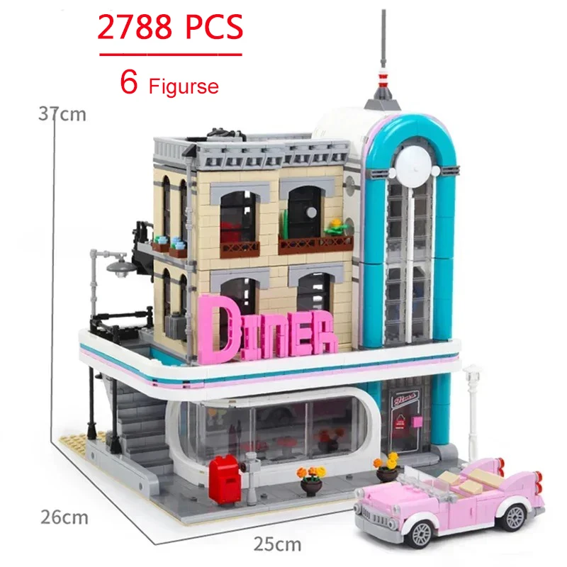 MINISO 2488Pcs Downtown Diner Building Blocks with 6 Mini Figures Compatible 10260 15037 Model Bricks for Kids Adult Toys Gifts