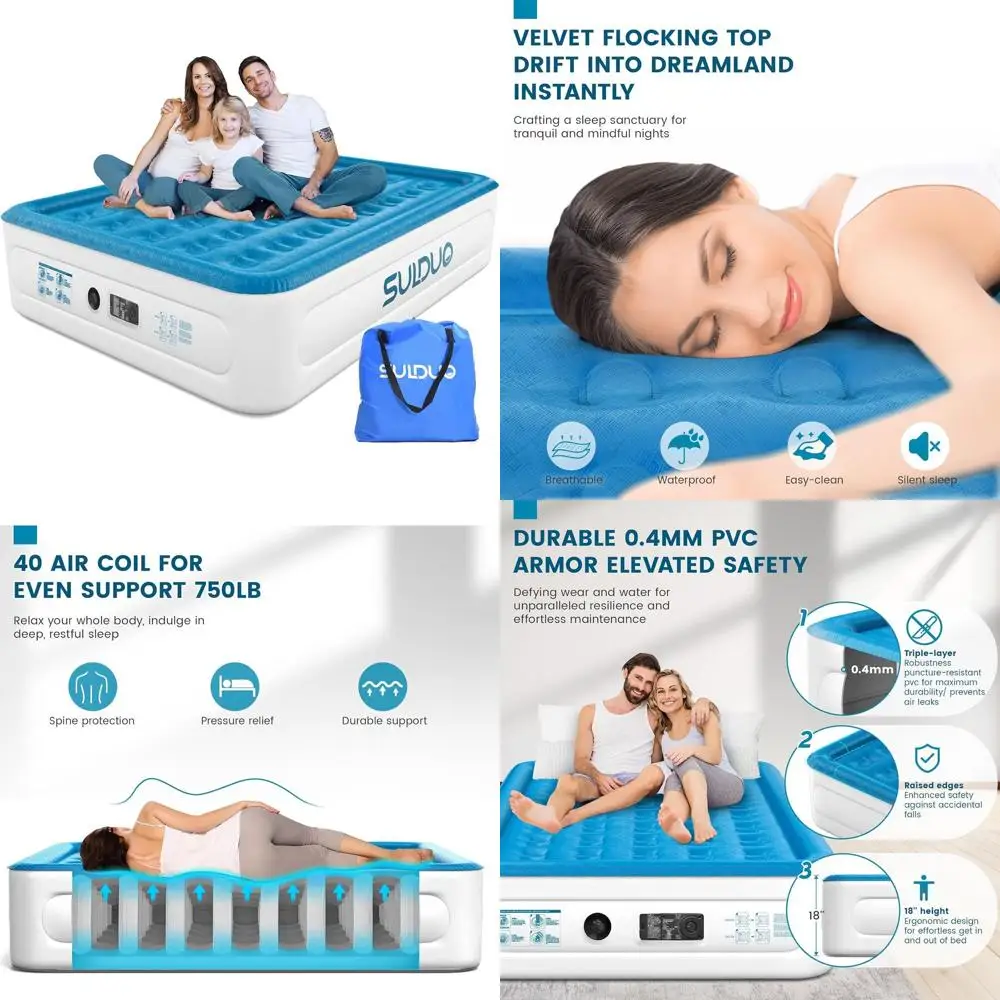 

Queen Size Luxury Self-Inflating Air Mattress with Pump, 18 High, Flocked Surface, Blue, Portable for Home and Camping