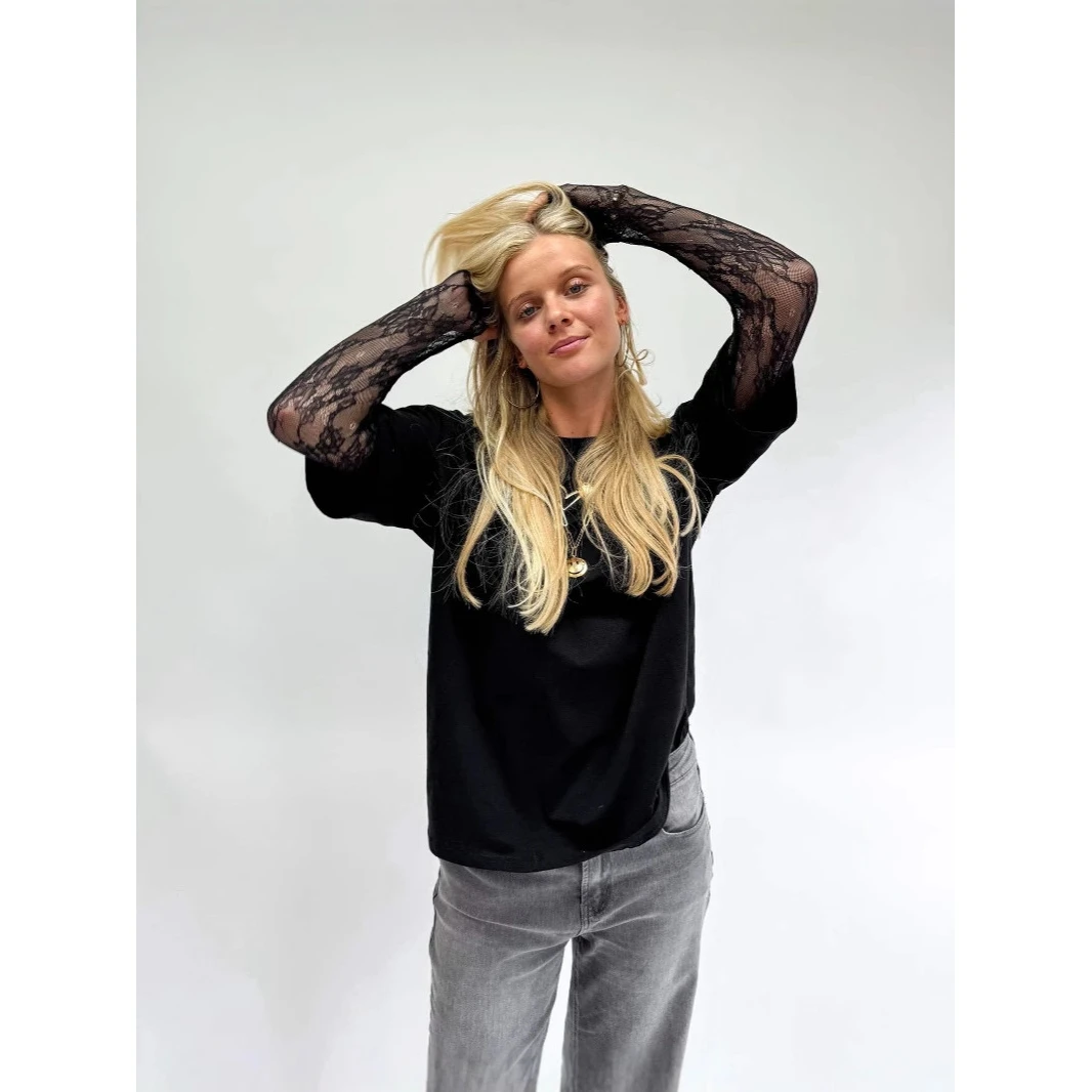 Summer Lace Splice Sexy Individual round Neck T-Shirt Top Unique Design Cotton Long Sleeve Women's Fashion British Style
