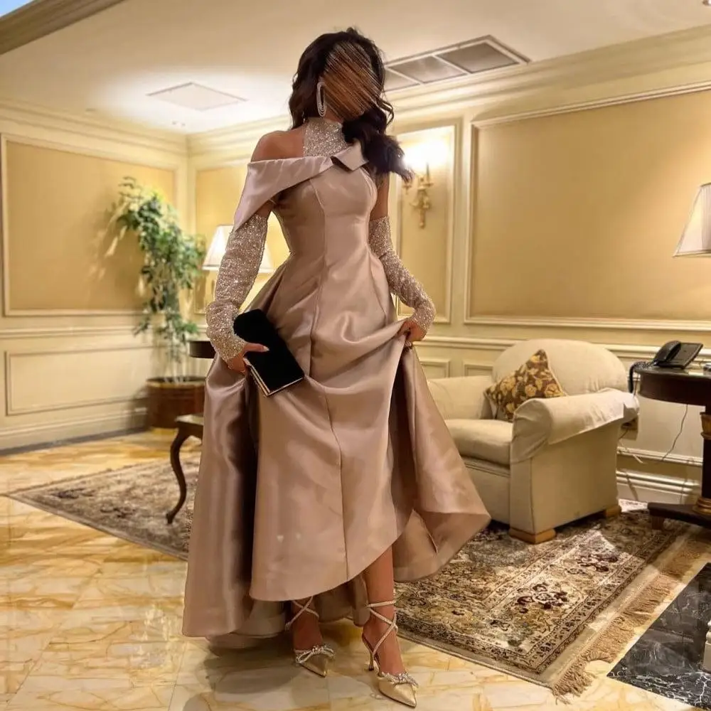 

Jirocum Luxury Champagne Satin Evening Dresses Halter Neck Cold Shoulder Gown with Sequined Sleeves for Gala & Prom