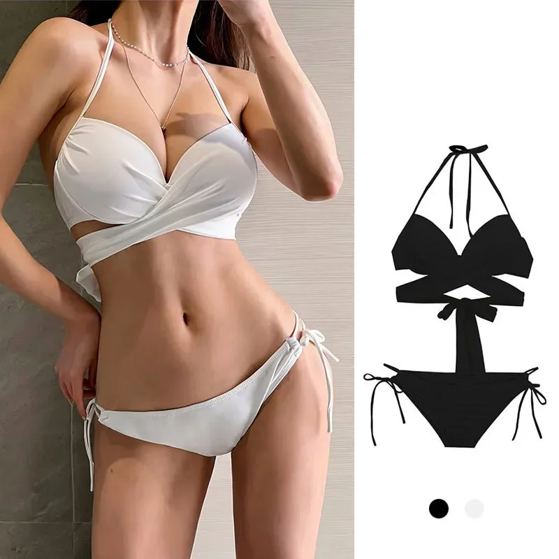 

Sexy Korean Fashion Bandage Halter Cross Bikinis Sets Two Pieces Solid Black and White Swimsuit Bikinis Padded Swimwear