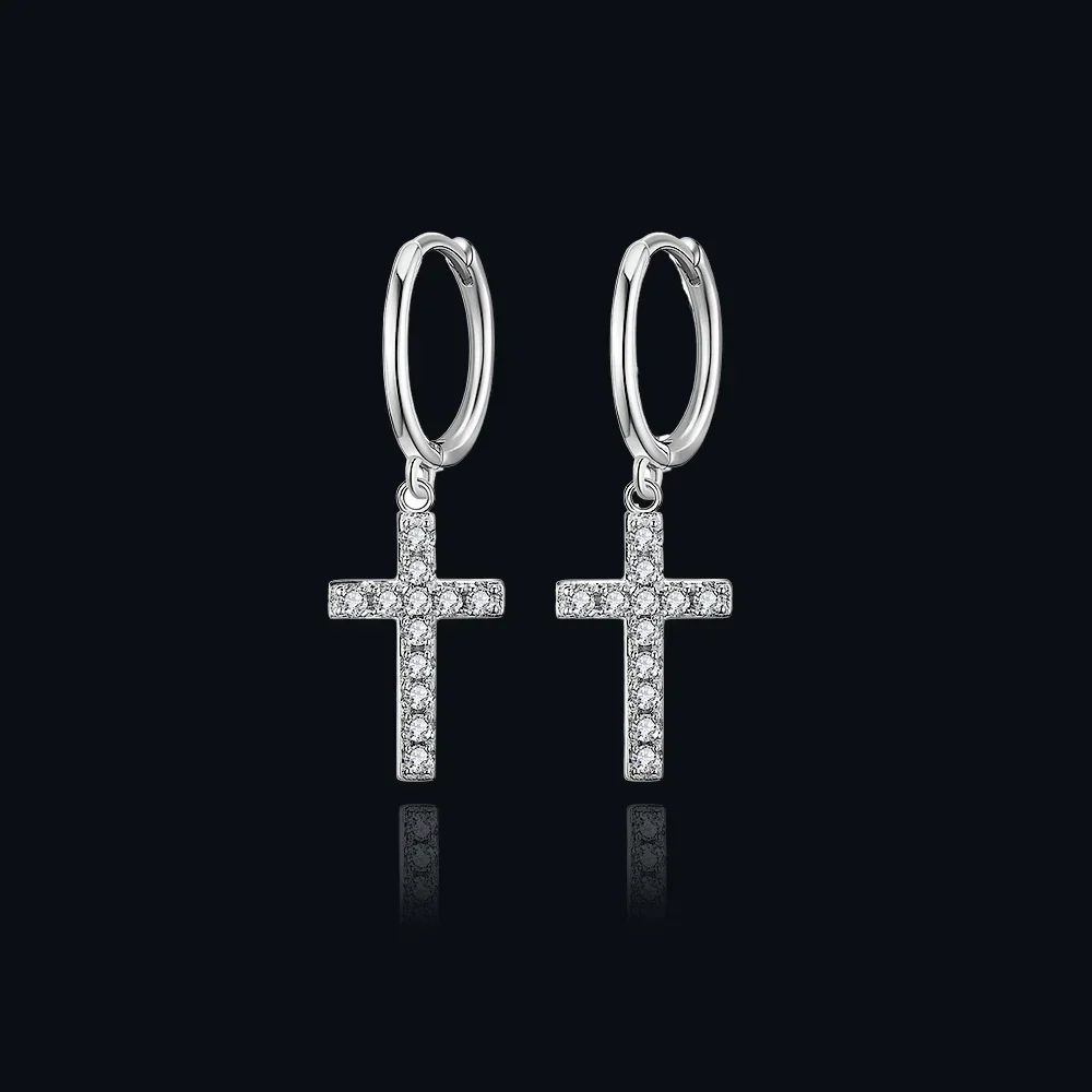 

925 Sterling Silver Crystal Cross Hoop Earrings for Women Female Jewelry S925 Wedding Party Gift Aretes De Mujer