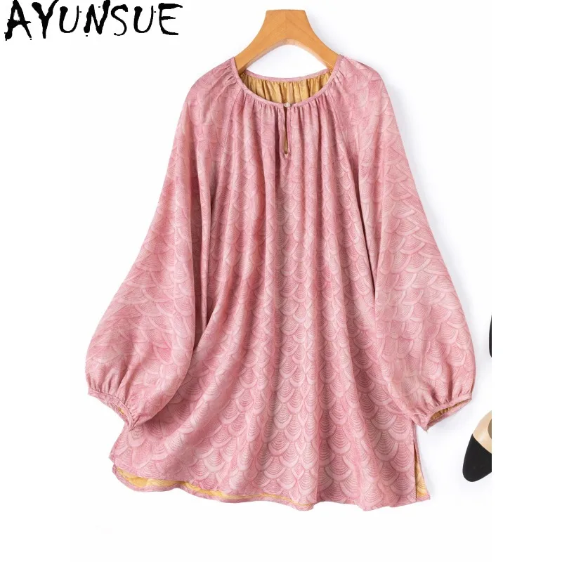 

AYUNSUE 100% Шелковые женские блузки и рубашки с длинным рукавом, розовый пуловер, весенняя женская одежда 2026
