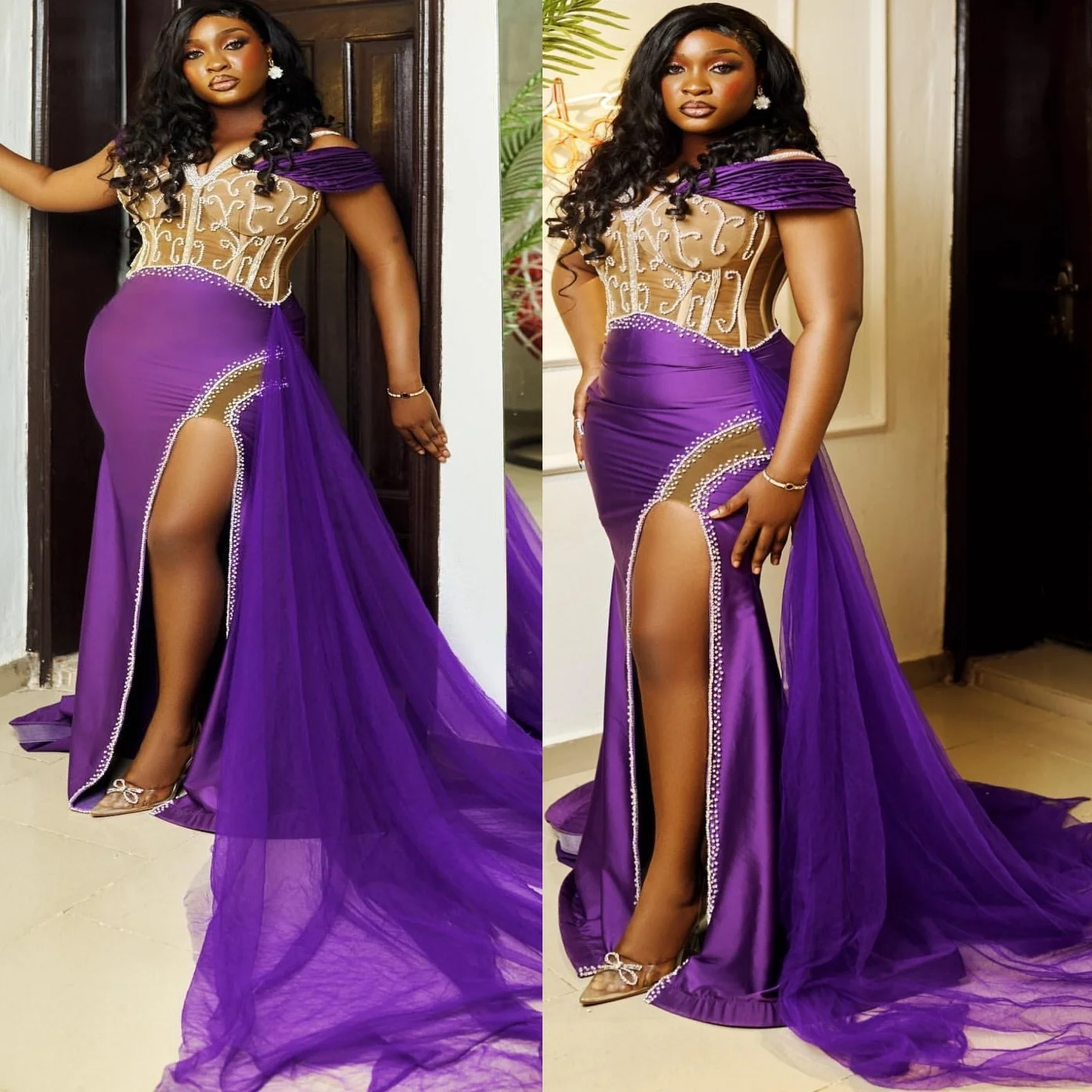 

Customized 2025 Purple Mermaid Prom Dresses High Split Crystals Beaded Satin Evening Formal Party Birthday Gowns Dresses ZJ190