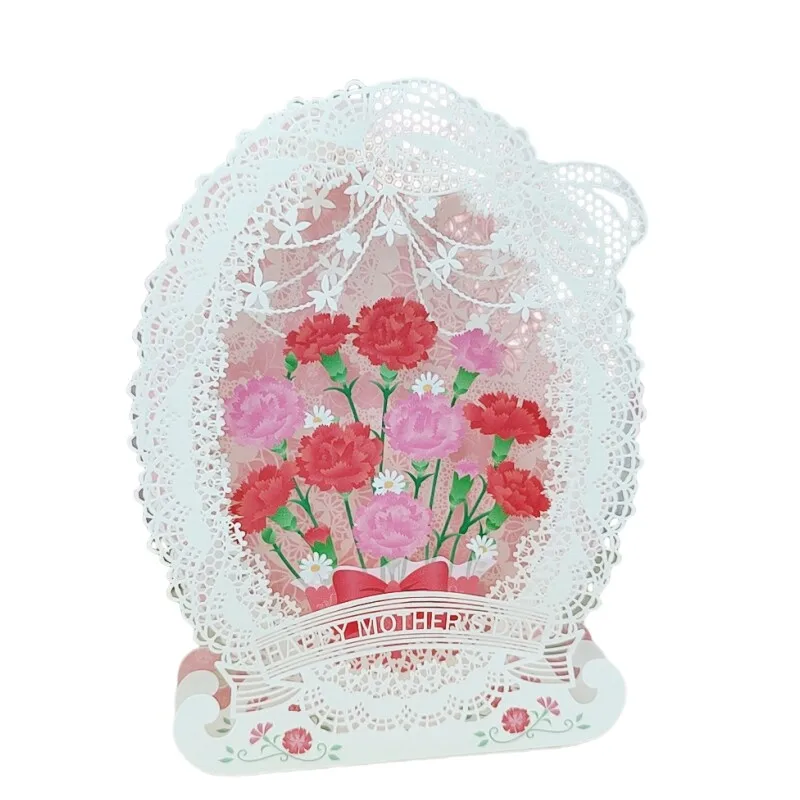 Exquisite and Creative 3D Pop-up Lace Carnation Greeting Card Mother's Day Thank You and Blessing Card for Mom with Envelope