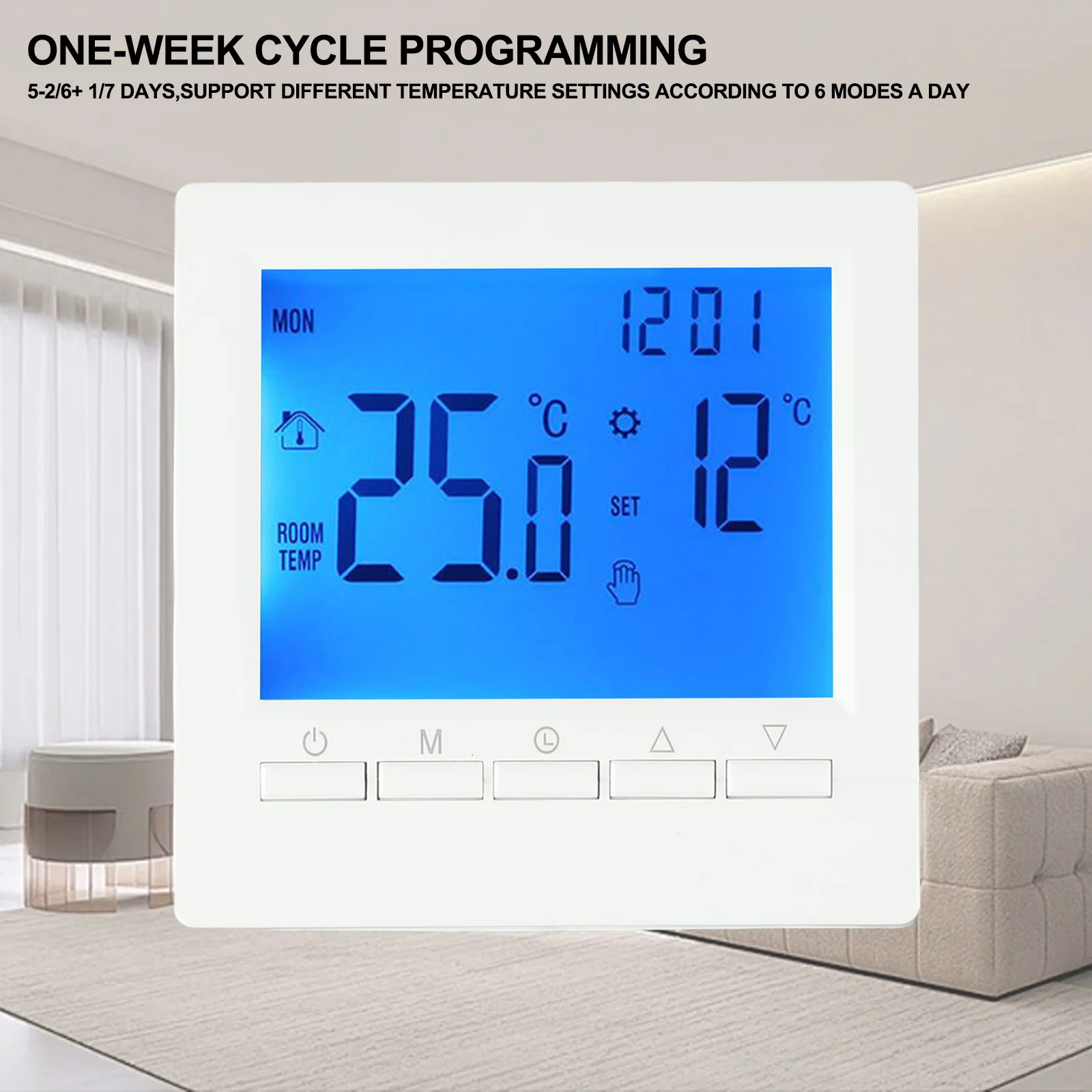 Termostato de caldeira a gás LCD 3A Termostato de aquecimento de sala programável semanal Termostato inteligente 85x85mm Branco/Azul Display LED Acesso