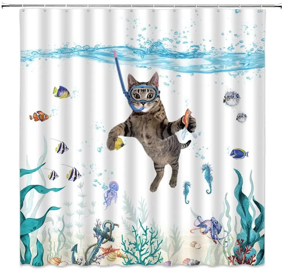 Funny Cat Shower Curtain Kitten Diving Jellyfish Octopus Tropical Fish Coral Underwater World Marine Bathroom Curtain with Hooks