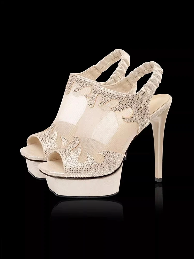 

Тонкие босоножки на высоком каблуке, новые летние сетчатые водонепроницаемые туфли на платформе со стразами, вечернее платье для банкета, женская обувь