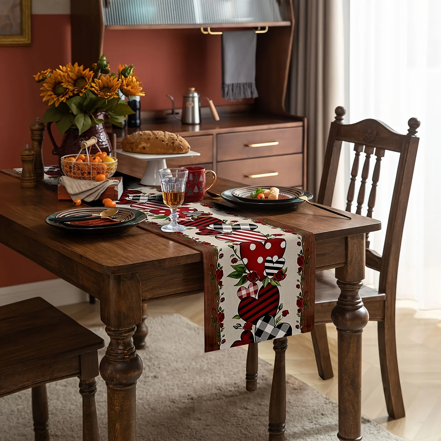1Pc Valentine's Day Retro Heart-Shaped Table Runner Red and Black Checkered Heart-Shaped Rose Table Decoration Cloth Home Party Table Runner Long Tablecloth