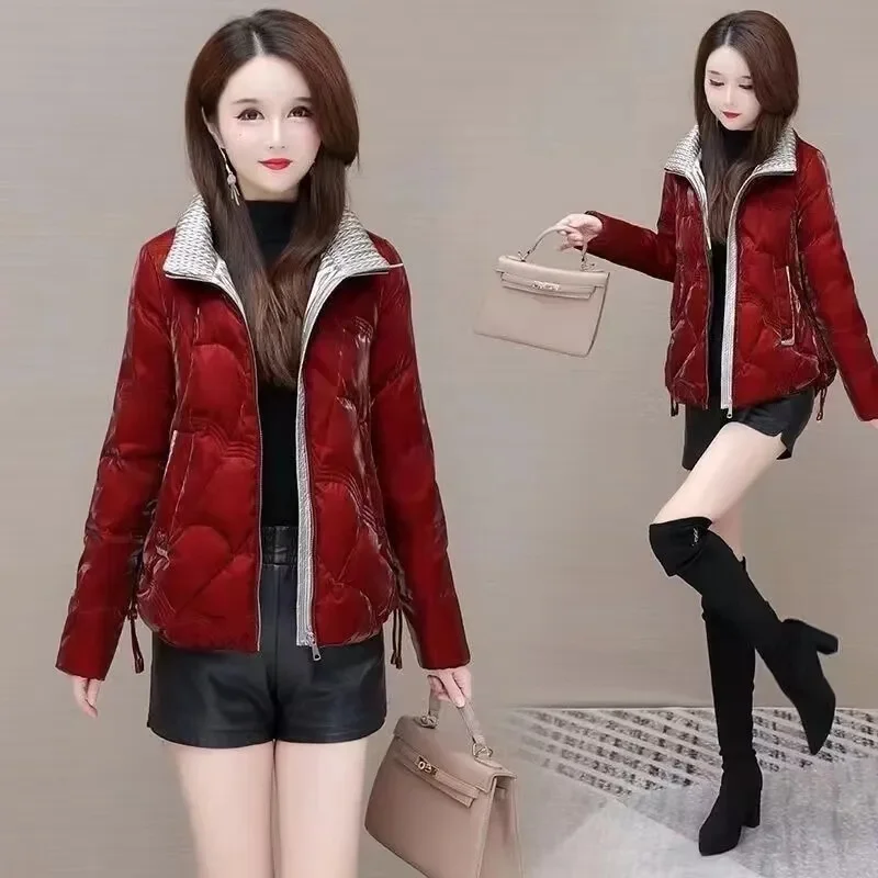 Colorful Pearlescent High end Fabric Down Cotton Jackets Women's New Short Korean Loose Quilted Coat Thick Coat Bright Face Gree