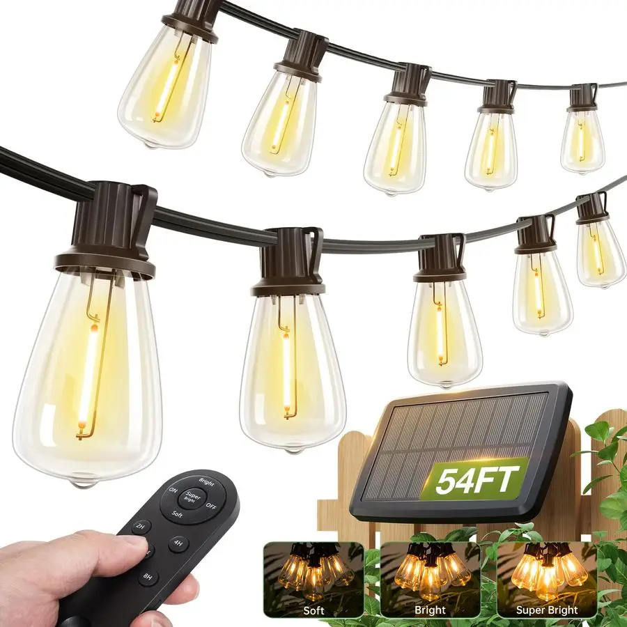 

54486 FT Solar String Lights Waterproof,Patio Lights Solar Powered with Remote USB Port 151 LED Shatterproof Bulbs 3 Light Mode