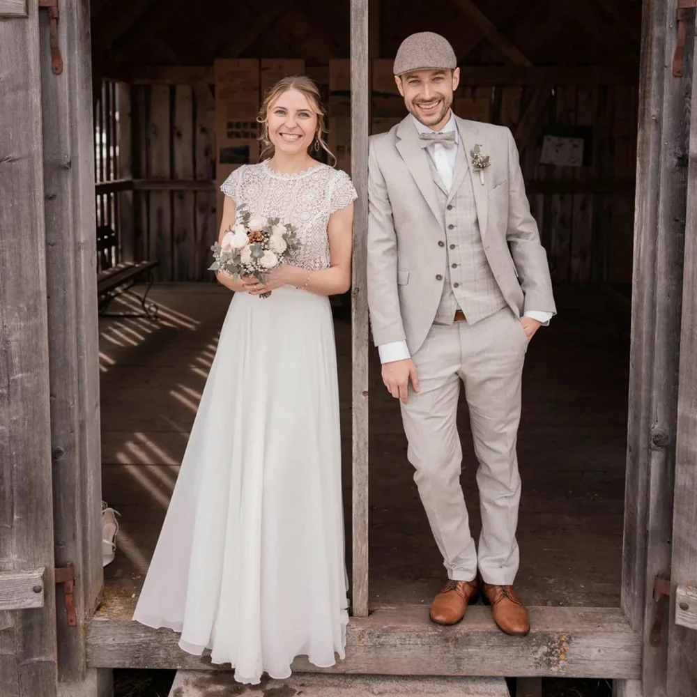 

Bohemian Wedding Dress A Line Cap Sleeves Illusion Women O Neck Bridal Gowns Lace Boho Wedding Dresses 2025 Customized