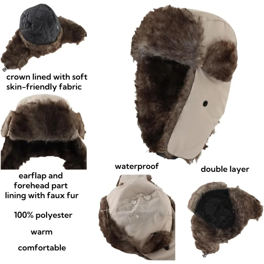 LLmoway Cappello da cacciatore Cappello invernale caldo in pelliccia sintetica con paraorecchie Cappelli da sci da neve impermeabili antivento per uomo Donna Tempo freddo