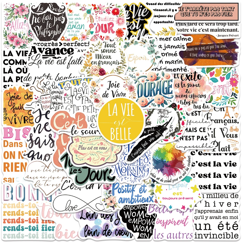 50pcs Positive Laptop Decals Funny French Inspiring Motivational Phrases Stickers For Luggage Guitar Phone Stationery Decor