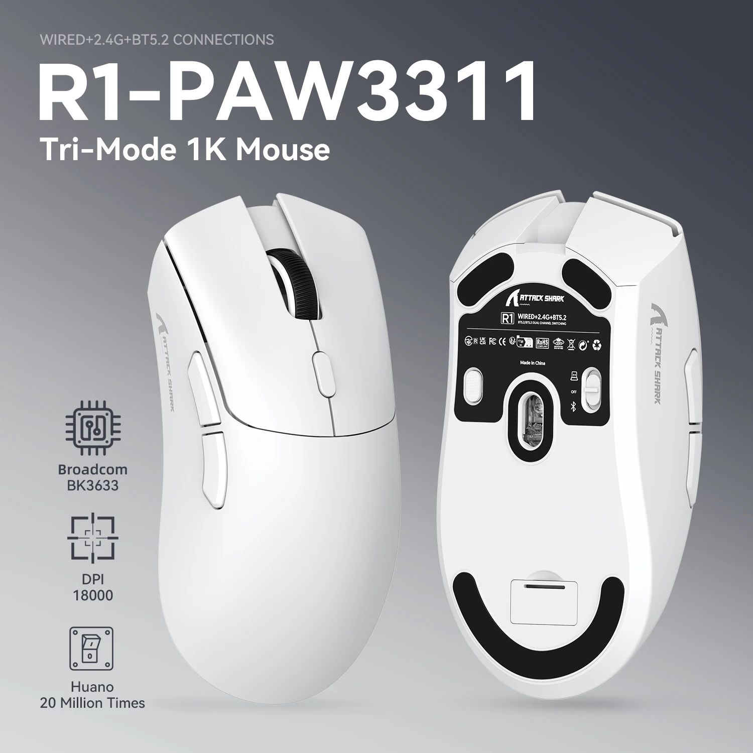 ATTACK SHARK R1 Tri-Mode-Gaming-Maus, PixArt PAW3311-Sensor, 18000 DPI, 1000 Hz, 59 g, ultraleicht für große Hand, für PC/Mac 5