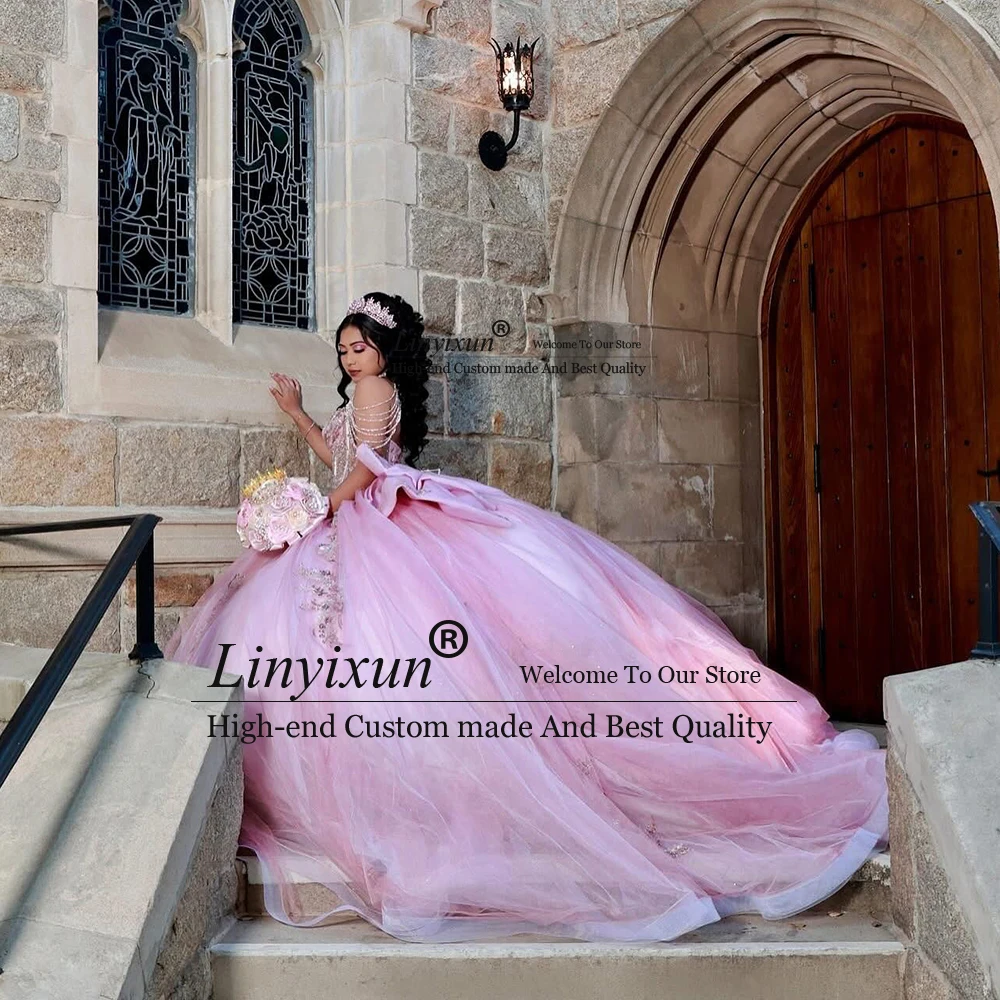 Elegante brilhante espartilho quinceanera vestido querida arco vestidos de baile para doce 16 festa de aniversário personalizado vestidos de 15 rosa