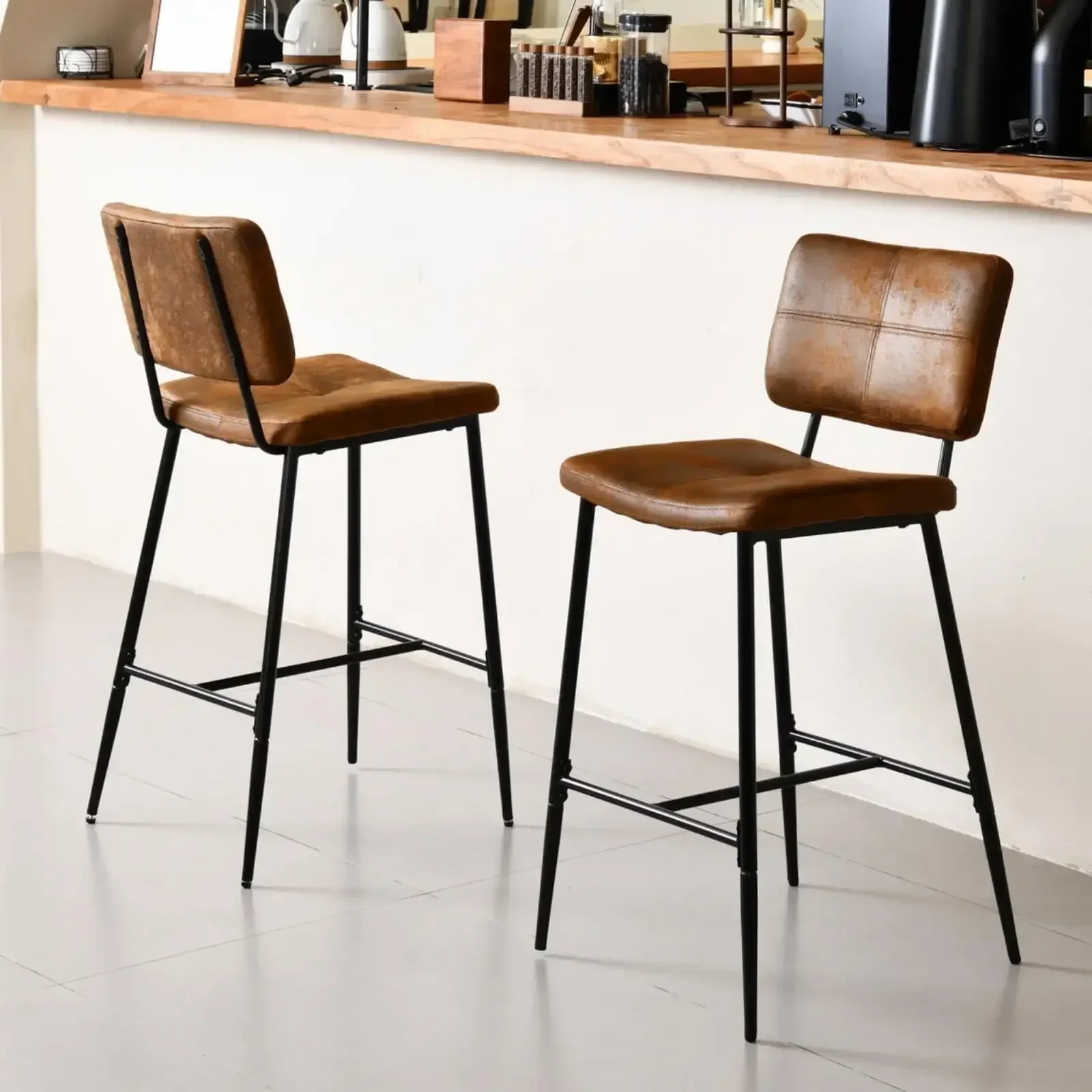 Counter Height Bar Stools Set of 2, 26" Modern Mid Century Upholstered BarStools Chair Backrest Footrest for Home , Brown