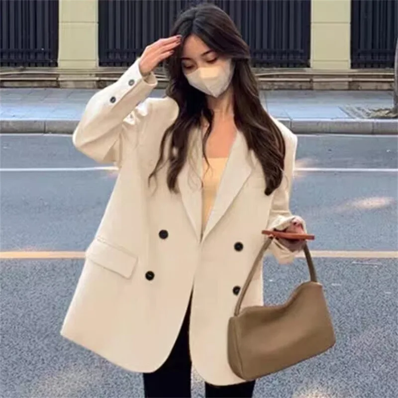 Autumn Women's Casual s Jaets Coats Suits Straight Cut Street Sle Long Sve Double Breasted Pure Color