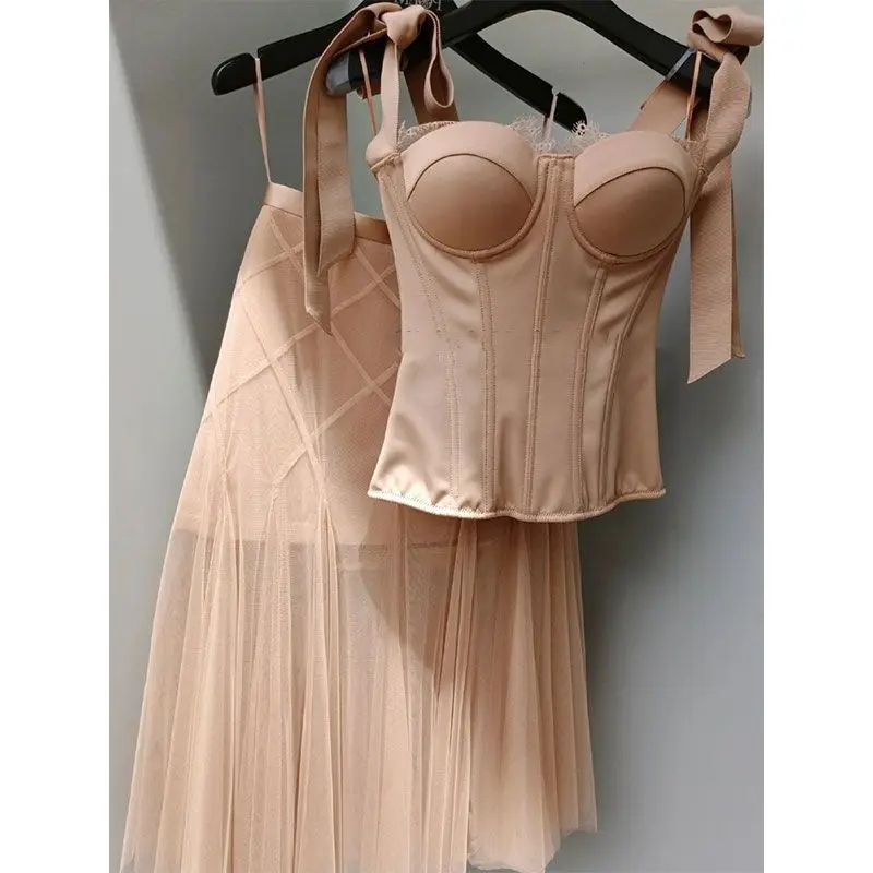 

This Year's Popular Lotus Pink Waist Tube Top Lace Bow Suspenders Skirt Salt Young Two-Piece Suit for Women