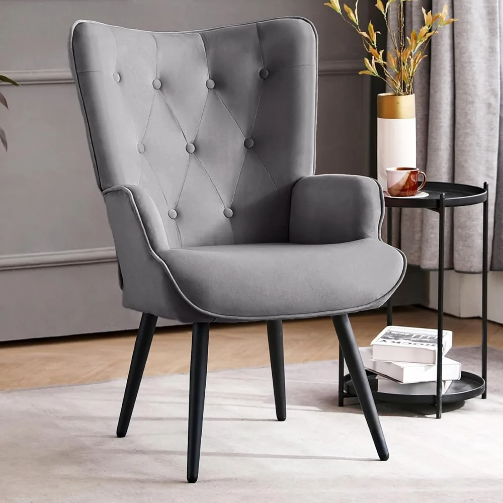 

Soft Velvet Accent Chair, Upholstered High Backrest Arm Chair with Solid Metal Legs, Tufted-Button Design Reading Ch