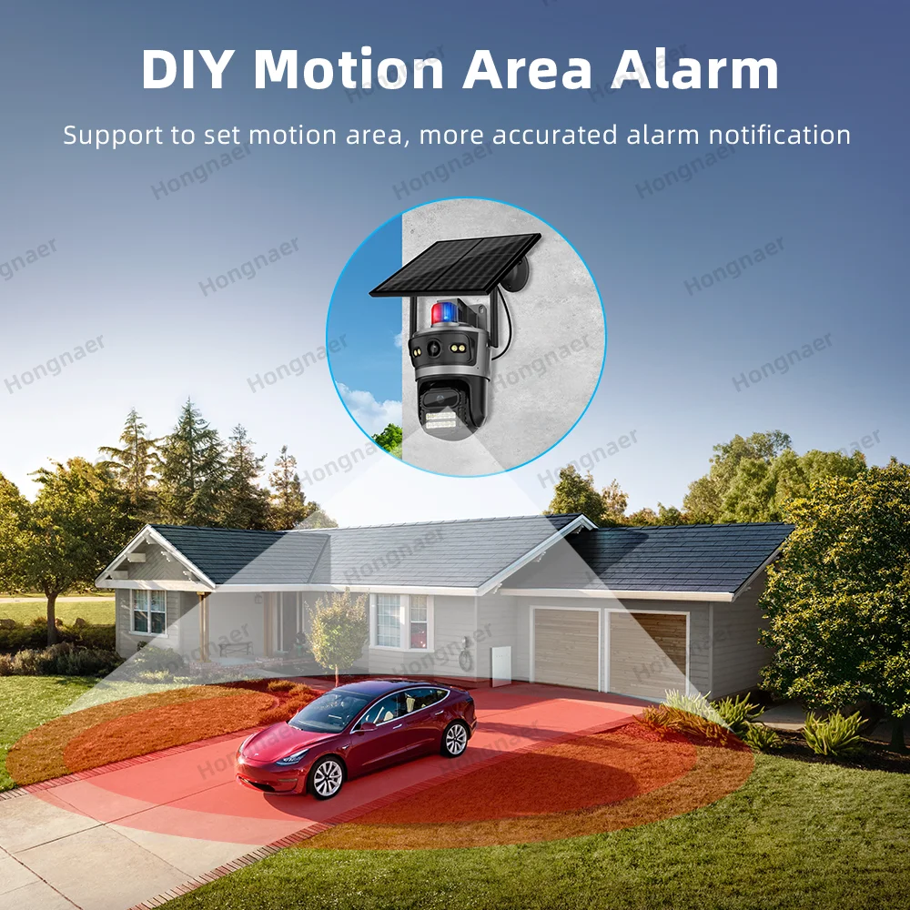 Hongnaer 8MP 4K عدسة مزدوجة AOV 24/7 تسجيل واي فاي لاسلكي يعمل بالطاقة الشمسية ICSee الأمن في الهواء الطلق 4G بطاقة Sim CCTV كاميرا تعمل بالطاقة الشمسية