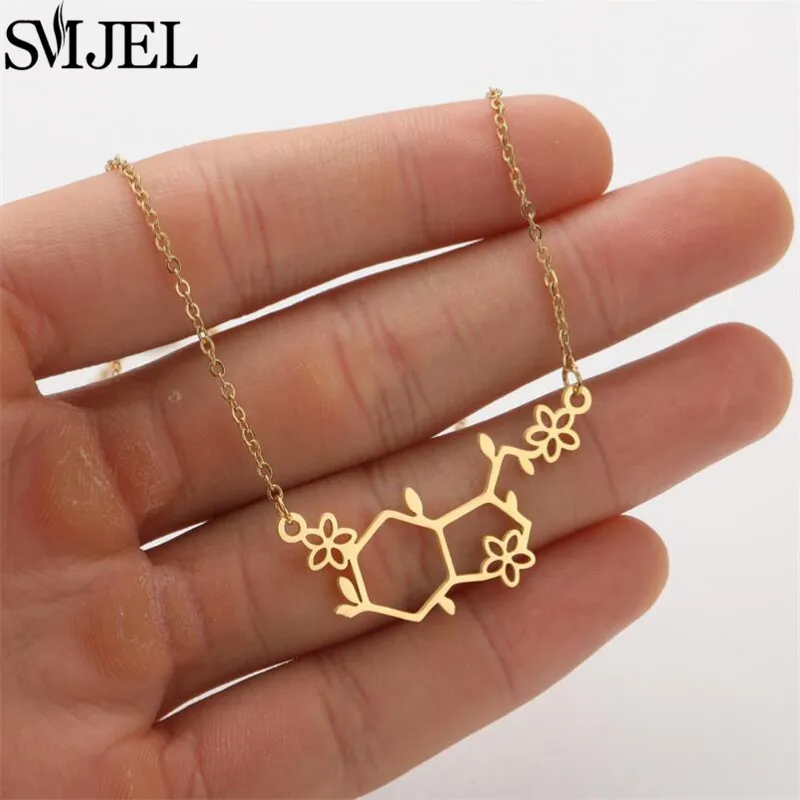 SMJEL Dopamine Molecule Necklaces Flower Chemical Formula Necklace Women Serotonin Structure Formula Pendant Graduation Gift