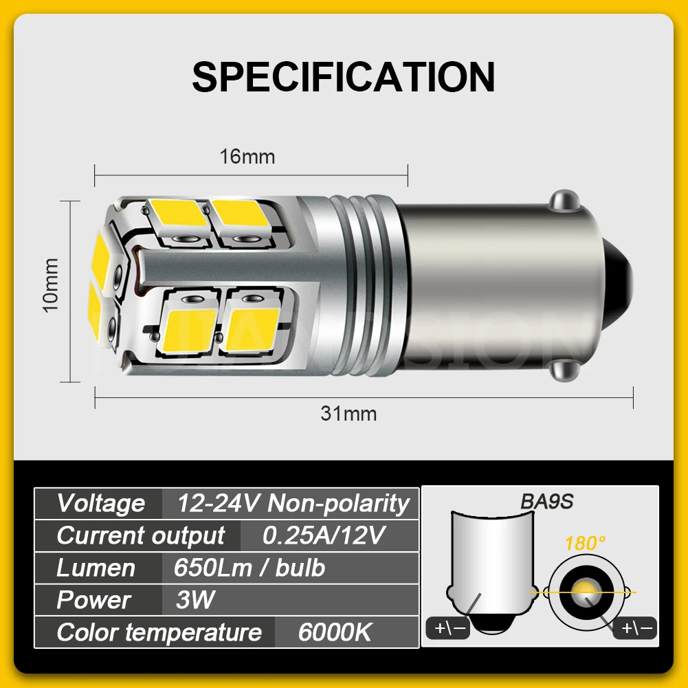 CANBUS BA9S BAX9S BAY9S LED Reverse Parking Light 12V 24V 3W 3030 SMD 6000K White Car Turn Signal Dome Marker Light 2Pcs