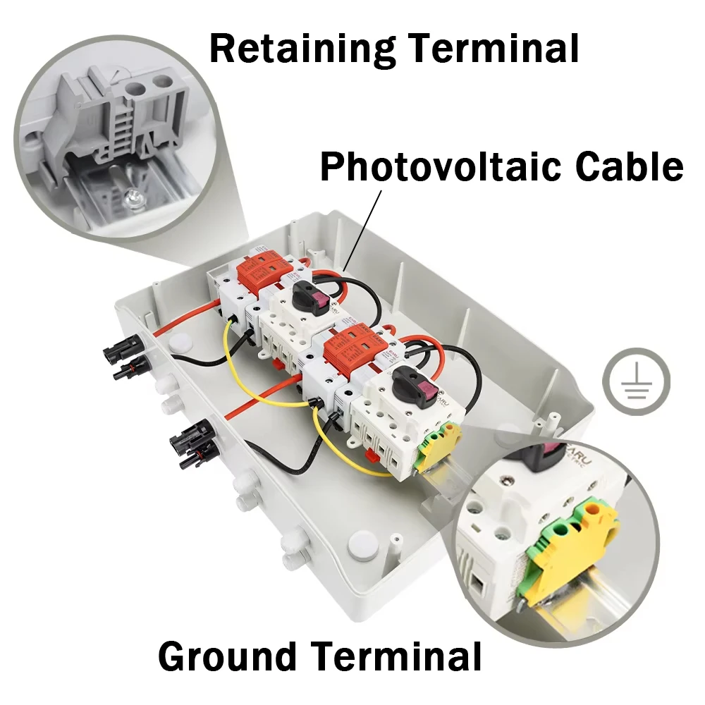 

Solar Photovoltaic PV Combiner Box With Lightning Protection 2 Input 2 Out DC 1000V 15A Fuse MCB SPD Waterproof Box IP65 18Ways