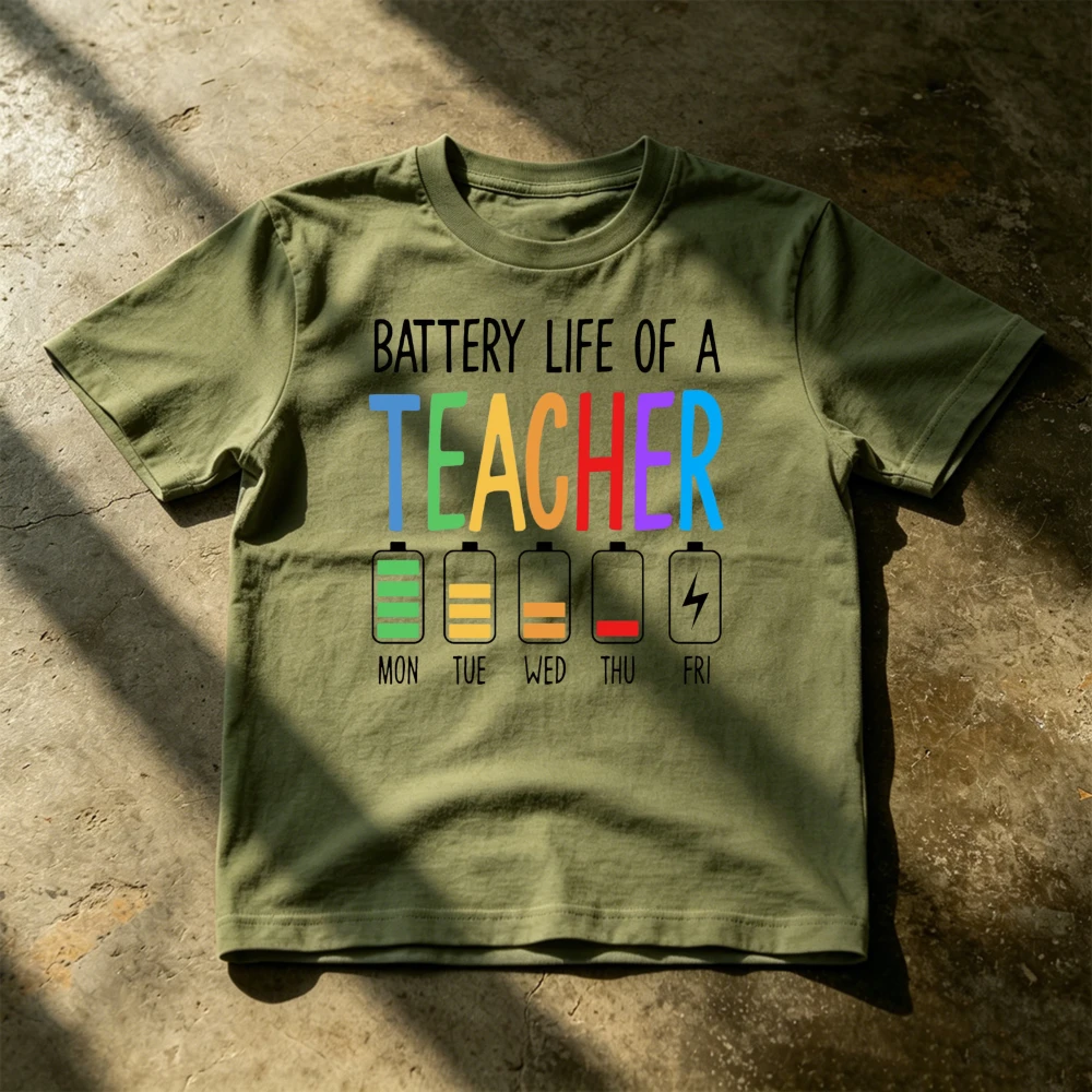 Battery Life of A Teacher Graphic Tee Men Funny Colorful Battery Weekly Print Teacher Appreciation Gift Educator Present
