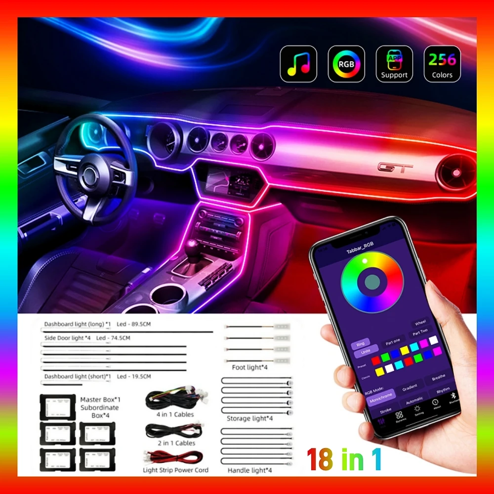 

RGB светодиодный автомобильный окружающий свет для интерьера Symphony 256, полноцветный стример, скрытая акриловая полоса, украшение, атмосферная лампа, универсальная