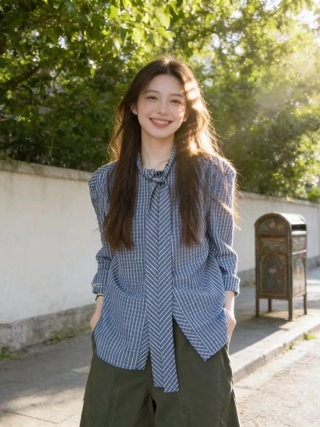 

Loose Fit Plaid Long Sleeve Shirt Women's Korean Stand Collar Belted Spring New Design Slimming Top Fashion French Style Cotton