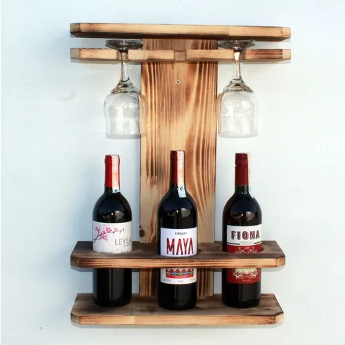 Meyuza Meyuzam Rustic Natural Burning Wood Tumbled 3 Bottle Capacity 3 Goblet Pendant Wine Stand Wine Rack