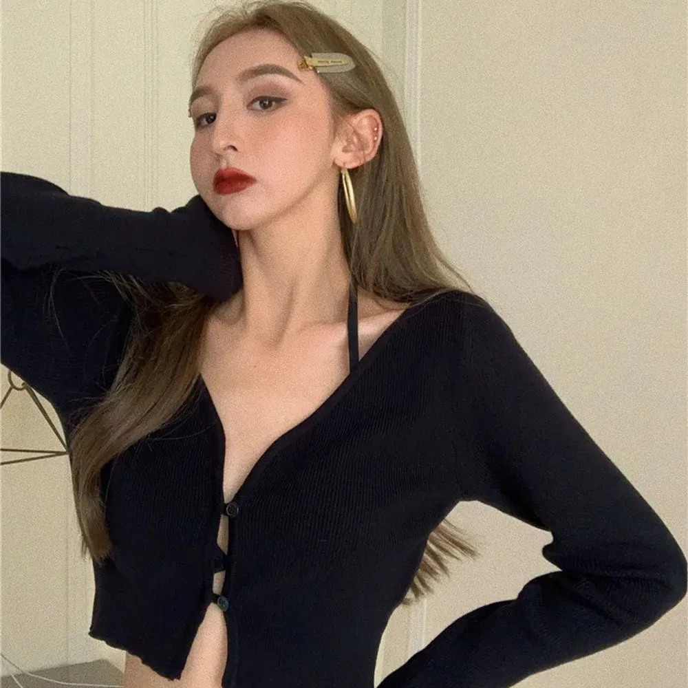 Sexy Hot Girl Crop Tops V Neck Short Cardigan Women Solid Button Y2k Sweaters Knitted Slim Aesthetics Fashion Sweet Pull Femme