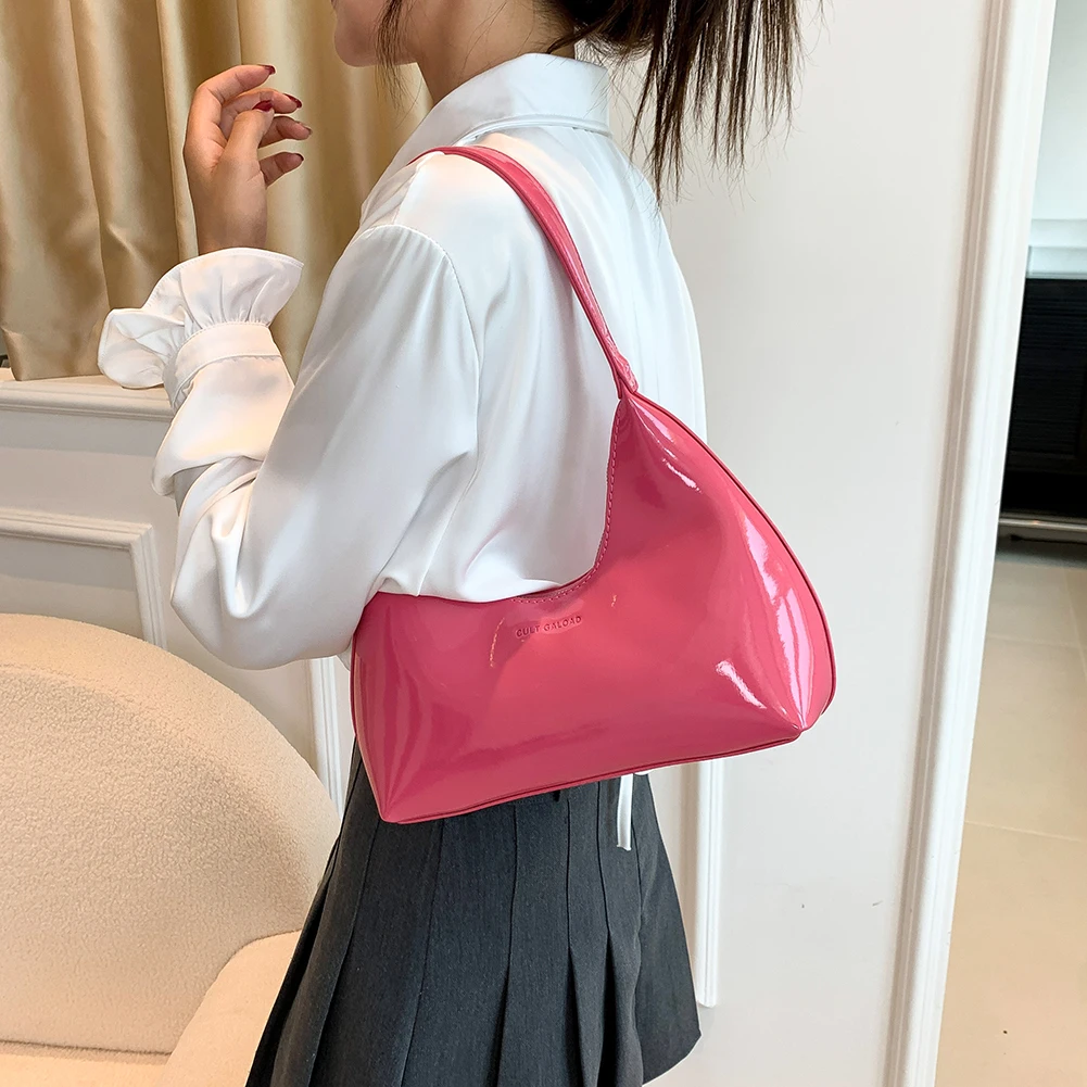 Women Patent Leather Tote Bag Versatile Fashion Shoulder Bag Casual Underarm Bag Zipper Armpit Bag Girl Shopper Purse