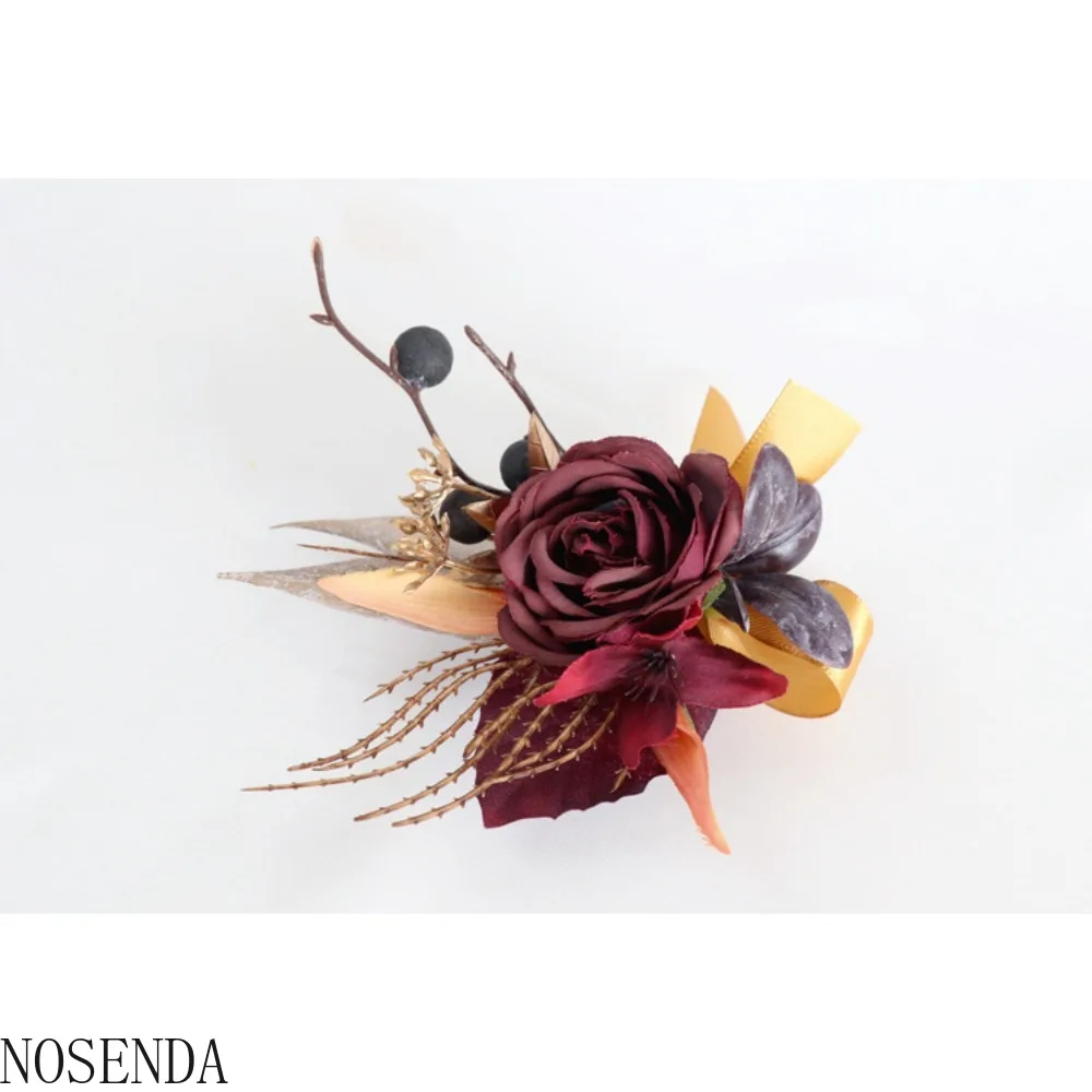 ブルゴーニュシルクローズ造花男性新郎ブートニア花嫁介添人手首コサージュブートニア結婚装飾