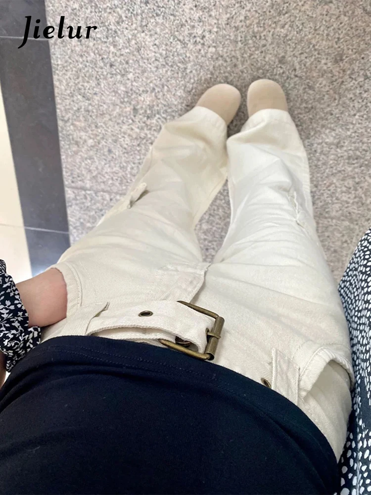 Summer New Basic High Waist Chic Straight Female Cargo Pants Vintage American Fashion Solid Color Full Length Casual Women Jeans