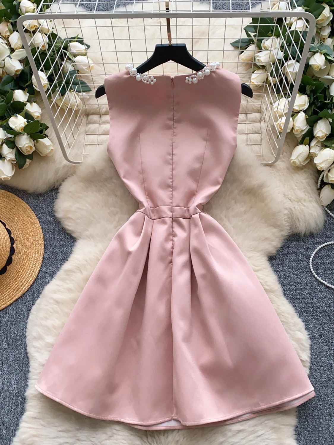 Ele High-End Perline rotonde Ne Svel Donna Dr Summer Dimagrante A-Line Abito con gonna intera Coreano Sle a vita alta