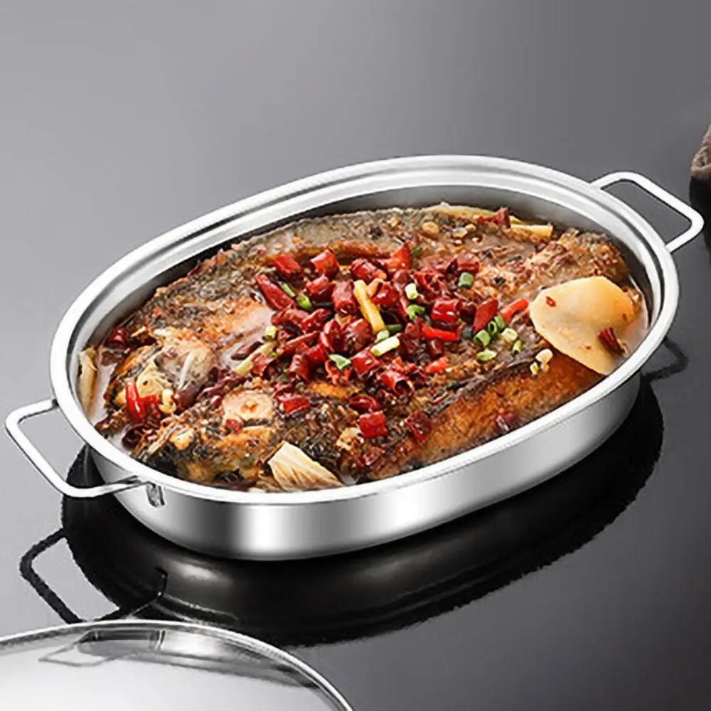 お手入れ簡単ステンレス製オーバル型魚焼き鍋大容量深型魚蒸し器蓋付き防錆鍋業務用