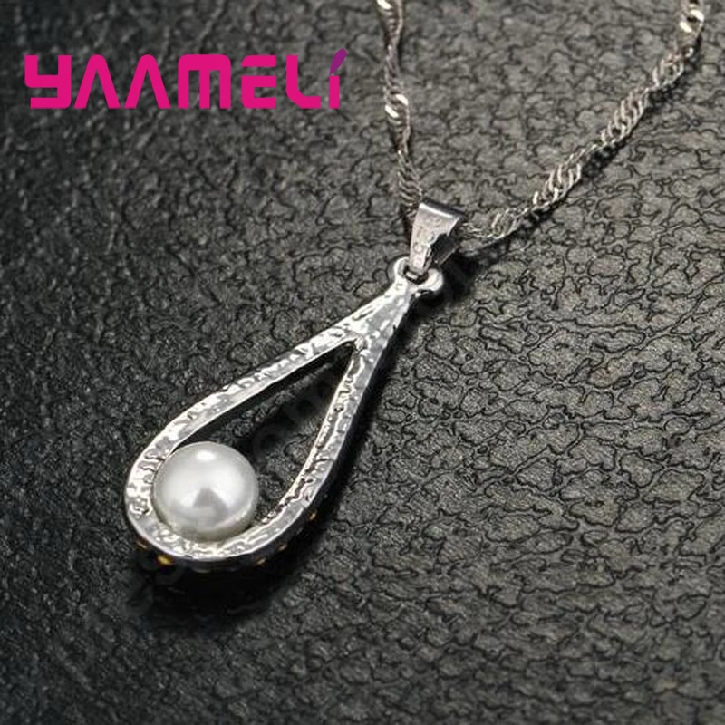 Pure 925 Sterling Silver Shiny CZ Crystal Water Drop Pearl Necklaces For Woman Fine Jewelry Wedding Earring Set Gift