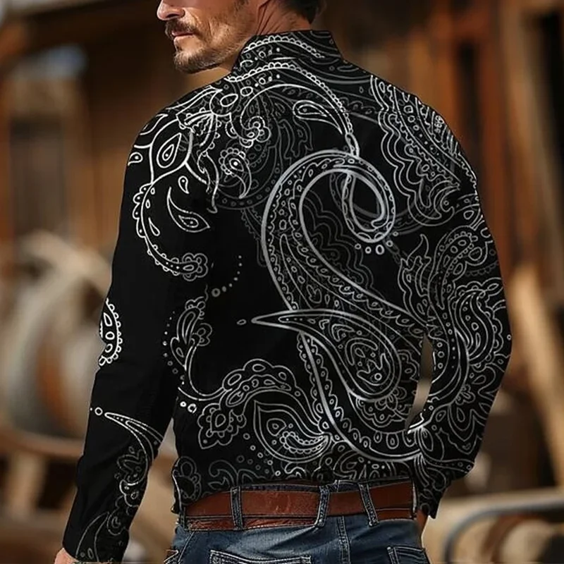 Men\'s Retro Western Cowboy Style 3D Printed Men\'s Casual Long Sleeve Shirts Outdoor Resort Horse Racing High Quality Lapel Shirt