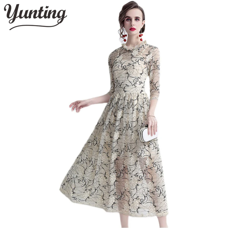 

2023 Floral Print Party Elegant Dresses for Women Sexy A-Line Lace Vintage Runway Chic Autumn Vestidos