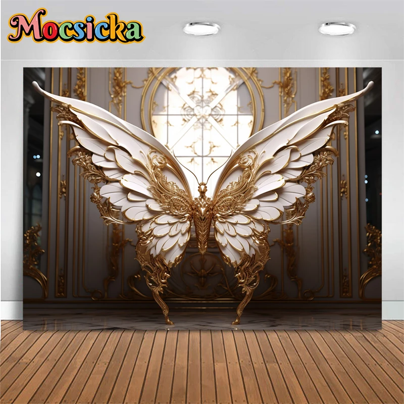 Golden Butterfly Backdrop Photography Adult Baby Shower Girl Birthday Background Decor Family Photo Studio Giant Wings Backdrops