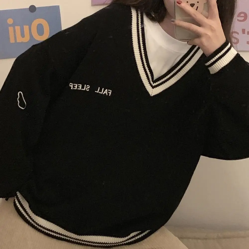 Sweaters Women Ulzzang Letter Chic Vintage V-neck Daily Preppy Girls Knitwear Fall Casual All-match Ins Long Sleeve Clothes Y2k